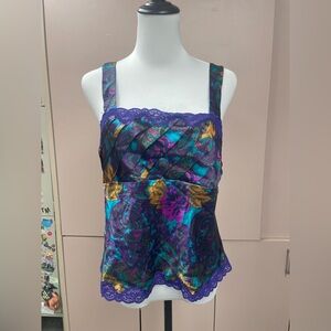 Victoria's Secret Gold Label satin paisley print camisole purple lace trim med
